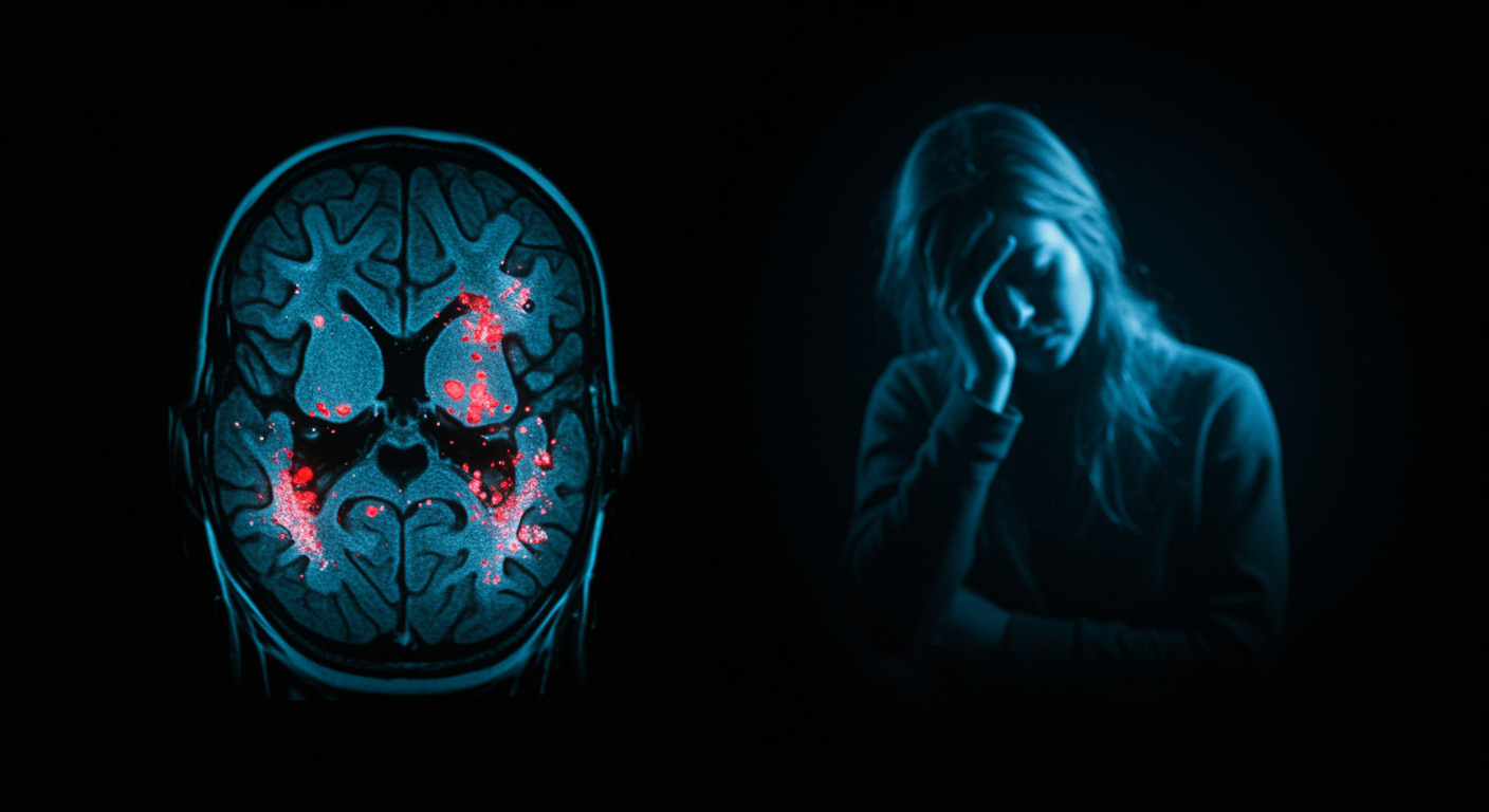 Photorealistic brain scan image showing amyloid protein deposits with a tired person in background, medical imaging lighting, no text