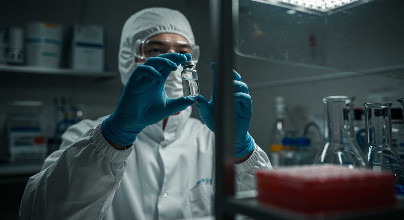 Scientist in a clean lab holding a small clear vial up to soft natural light, with culture flasks blurred in the background