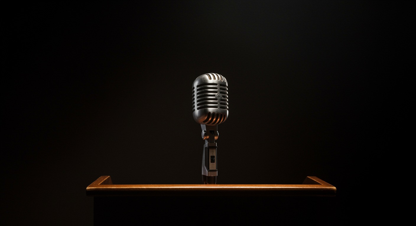 Vintage microphone at podium with 1950s press conference lighting