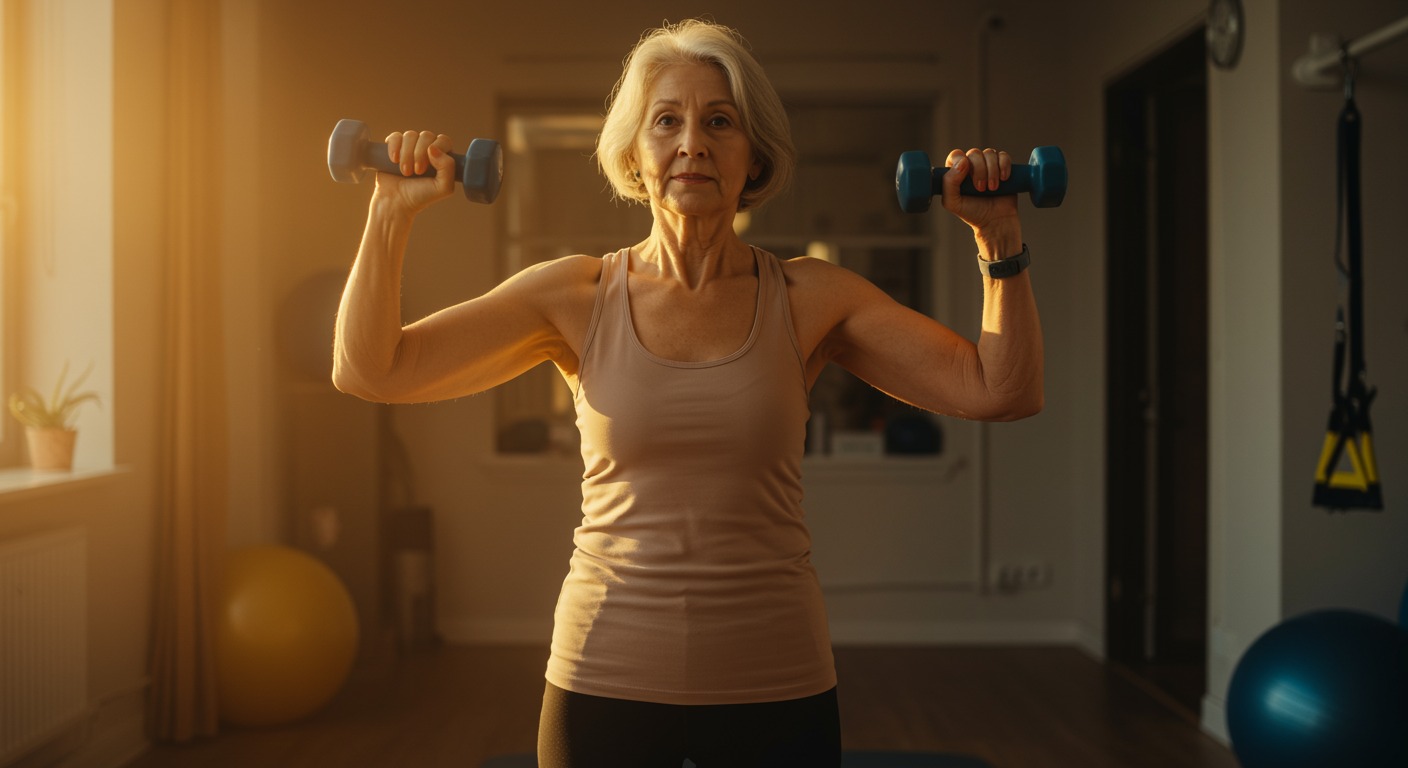 Active woman in her 60s performing light dumbbell exercises in a bright physiotherapy studio, showing confidence and strength
