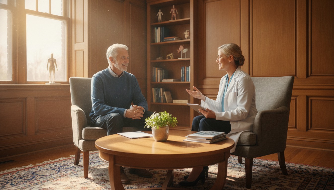 Older adult having a relaxed check-up conversation with a doctor in a bright sunlit office with warm wood tones