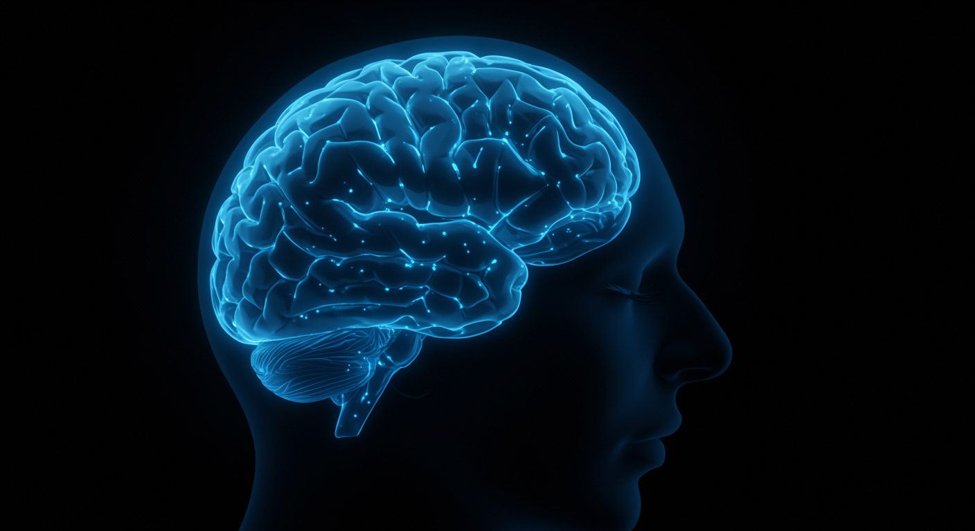 Photorealistic image of sleeping brain with neural pathways lighting up, showing memory consolidation processes during sleep, soft blue neural network lighting, no text