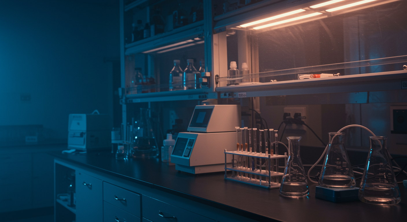 Scientific laboratory bench with enzyme assay equipment under bright research lighting