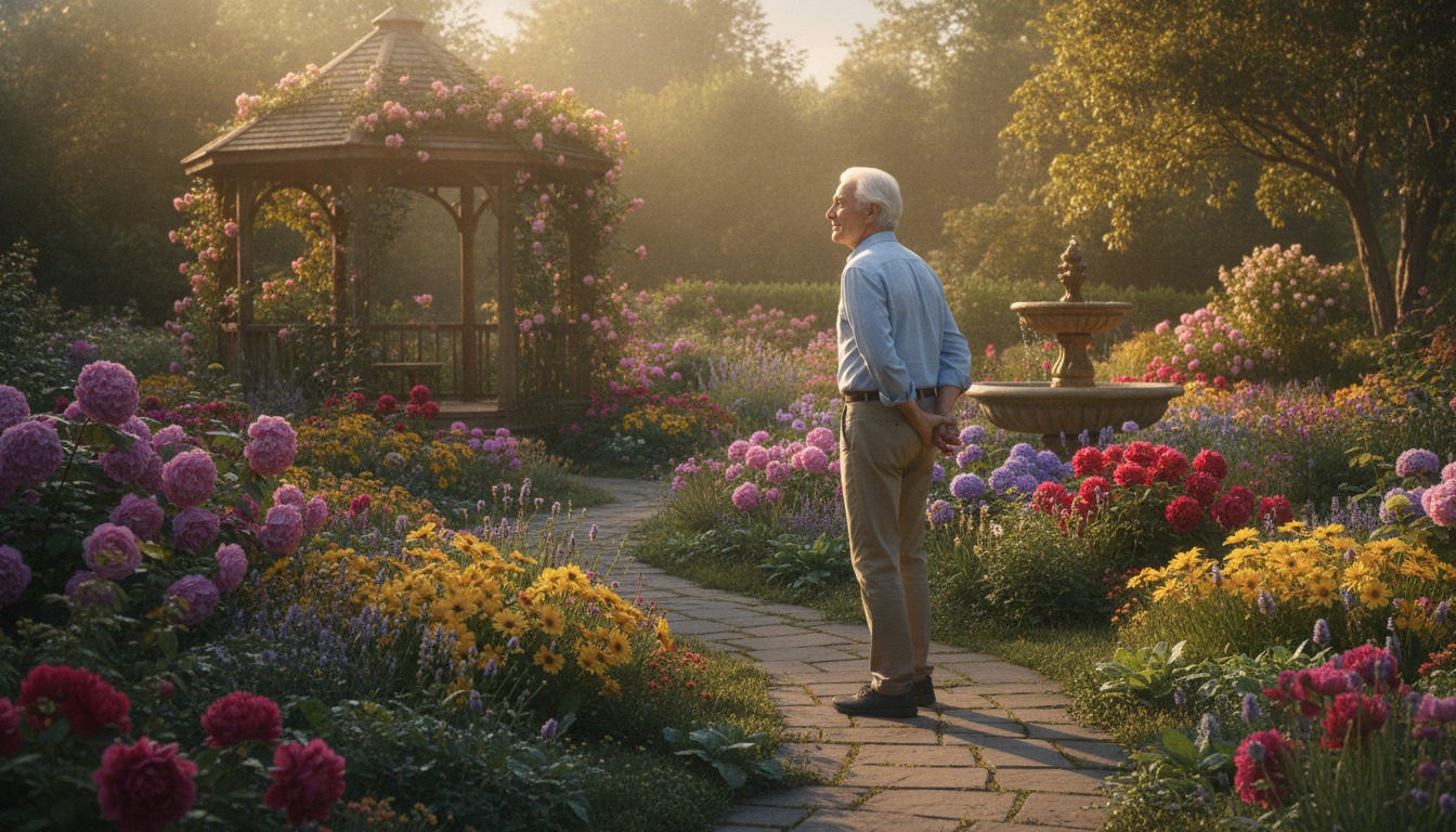 Hopeful older adult enjoying a quiet morning walk through a sunlit garden with warm golden light and blooming flowers