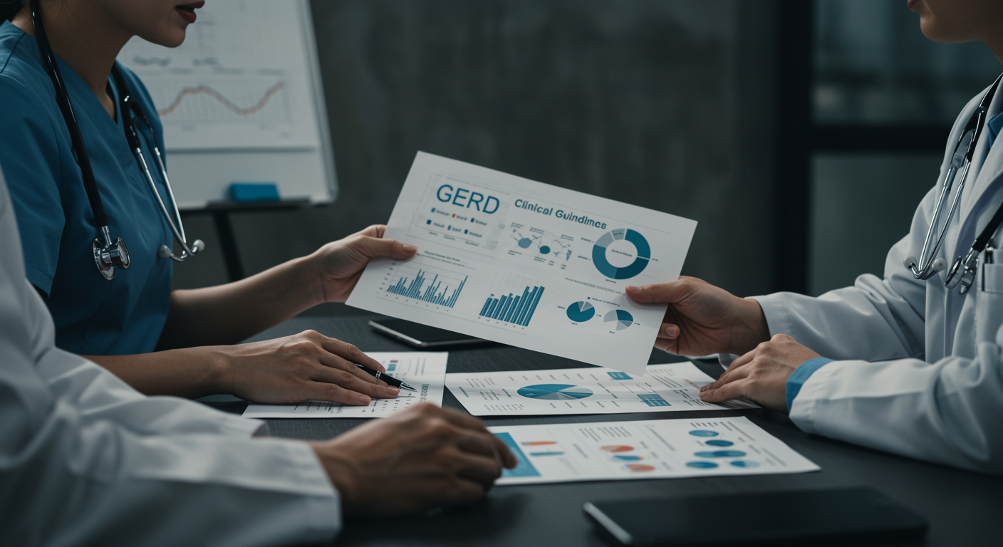 Medical professionals reviewing clinical guidelines documents with GERD diagnostic charts and treatment algorithms on a conference table
