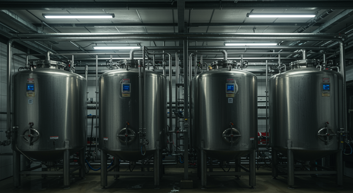 Large industrial fermentation tanks with pipes and gauges under bright factory lighting