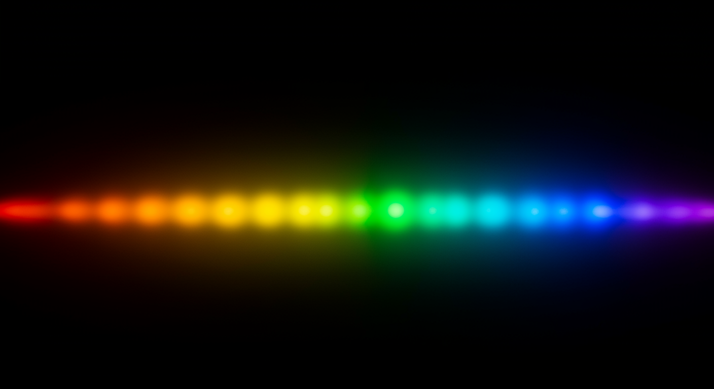 Photorealistic visualization of light spectrum with different wavelengths affecting melatonin molecules, showing relative effectiveness across colors, scientific lighting, no text