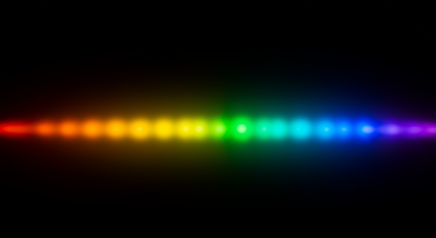 Photorealistic visualization of light spectrum with different wavelengths affecting melatonin molecules, showing relative effectiveness across colors, scientific lighting, no text