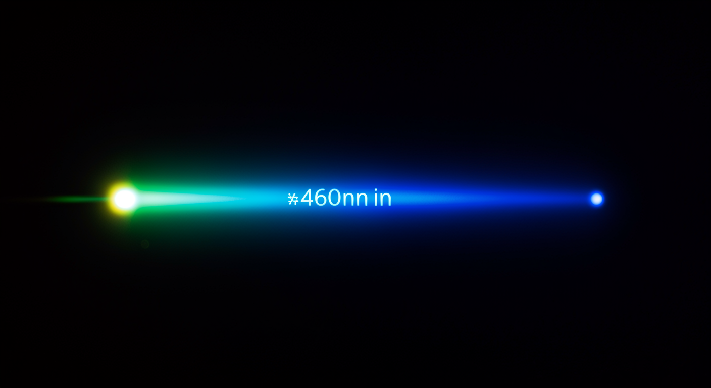 Photorealistic spectrum of light with 460nm blue wavelength highlighted, showing melatonin molecule being suppressed, scientific visualization with spectral colors, no text