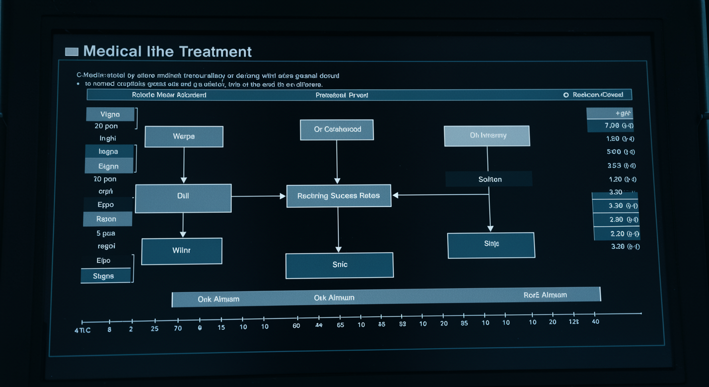 Medical treatment flowchart showing declining success rates across multiple treatment steps on clinical display with professional lighting