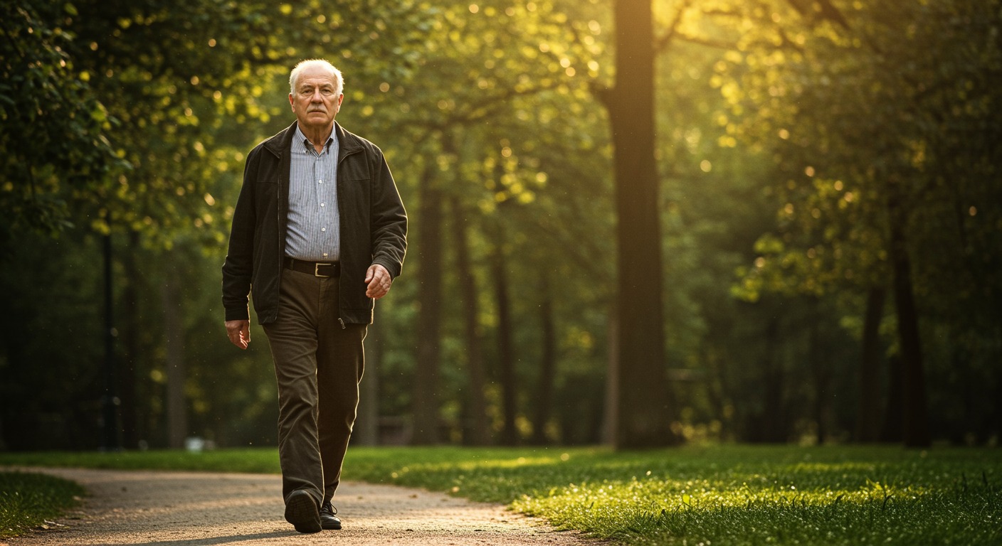 An older man walking confidently along a sunlit park path with warm natural light and soft green trees in the background