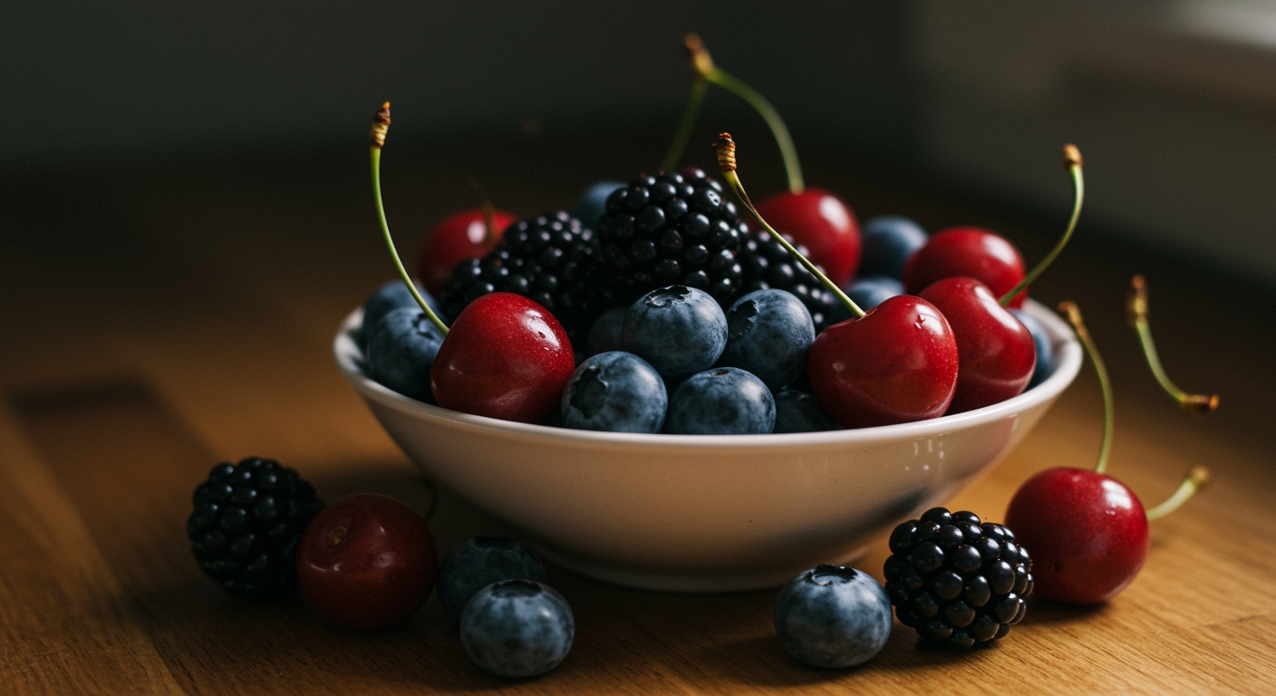 Close-up of fresh blueberries, blackberries, and cherries in a white bowl on a warm wooden surface with soft window light