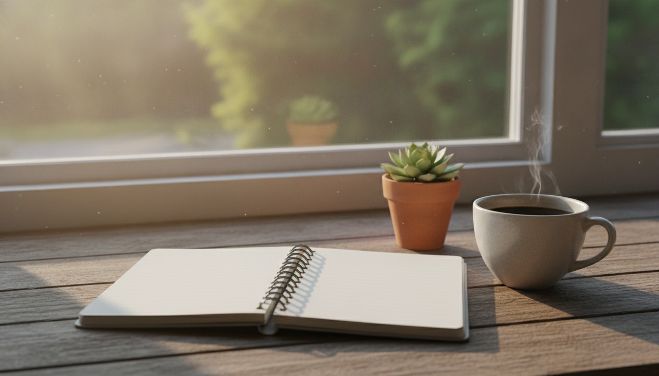 Open notebook and a cup of coffee on a wooden desk by a window with warm soft morning light and a small potted plant