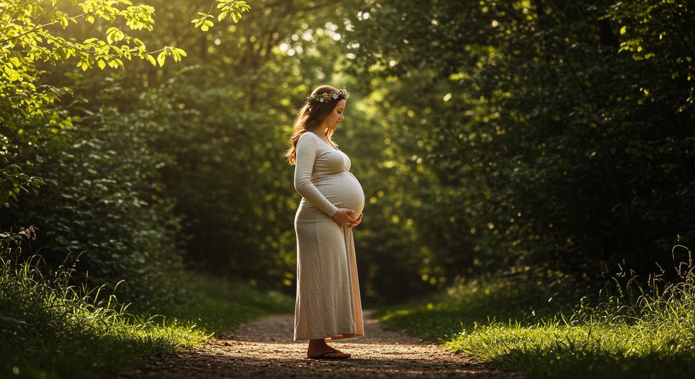 Pregnant woman walking outdoors on a sunny path with soft natural light