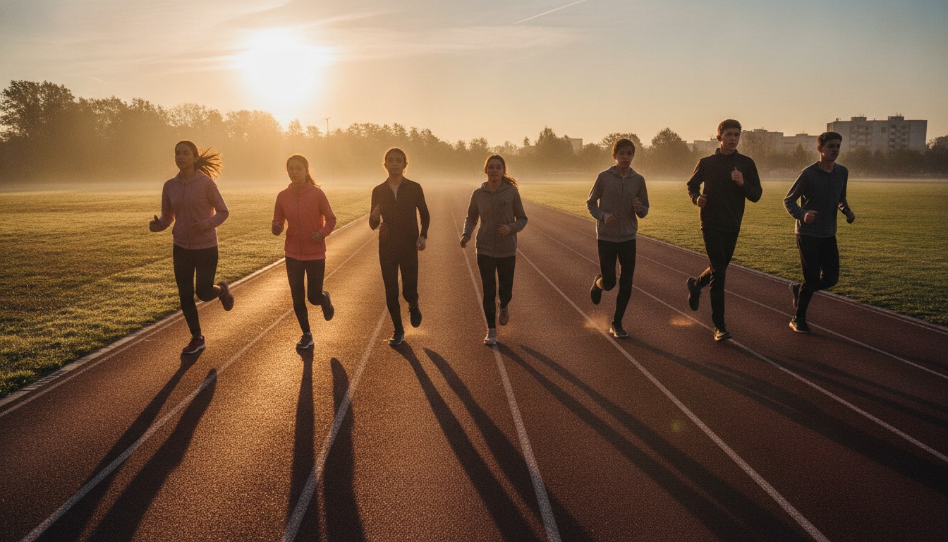 Teenagers running together on an outdoor track in early morning light