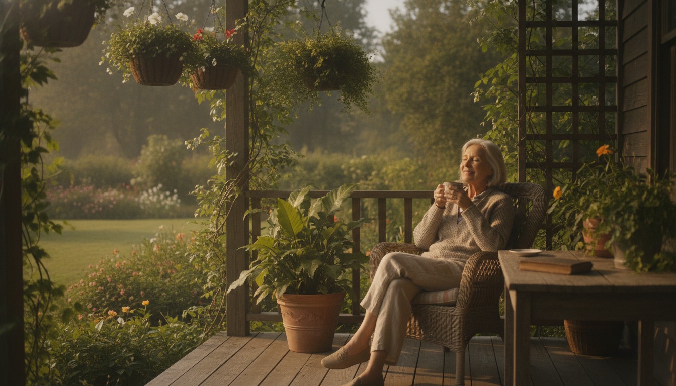 Older adult enjoying a quiet morning on a porch with a cup of coffee, surrounded by greenery in soft warm sunlight