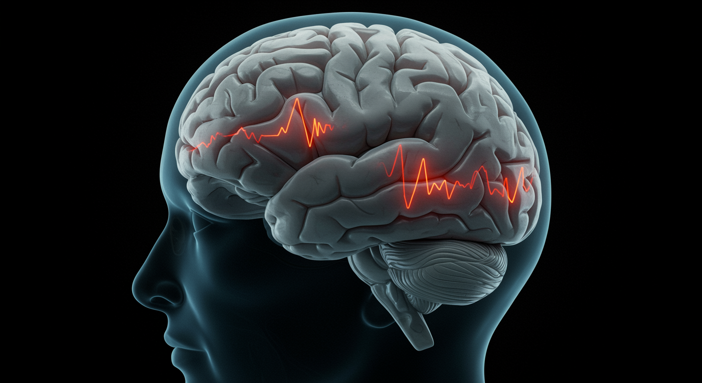 Photorealistic visualization of aging brain showing reduced slow wave sleep patterns and hormonal changes, with growth hormone and cortisol level comparisons, soft medical lighting, no text