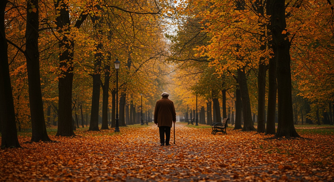 Elderly person walking in warm autumn park