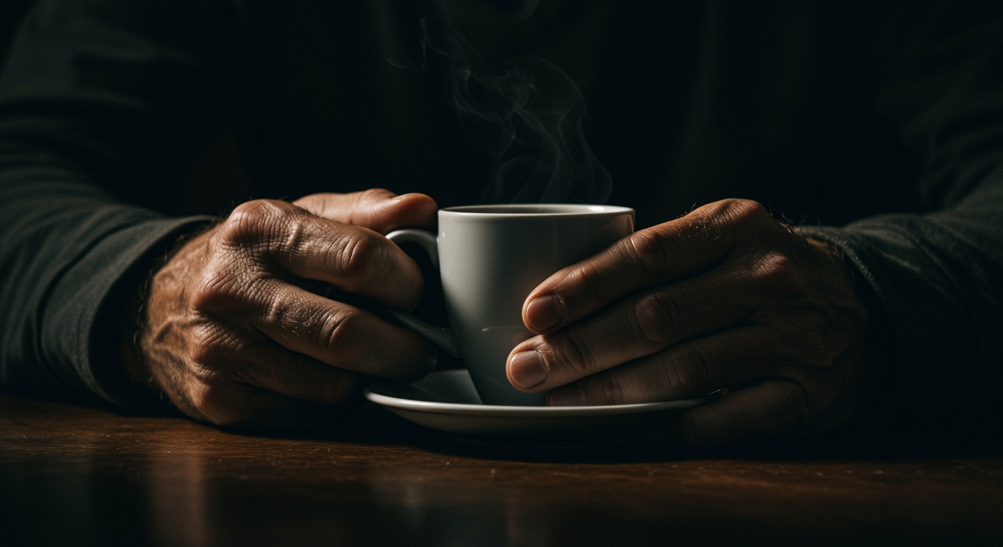 Close-up of weathered hands holding a cup of coffee with dramatic side lighting and rich earth tones