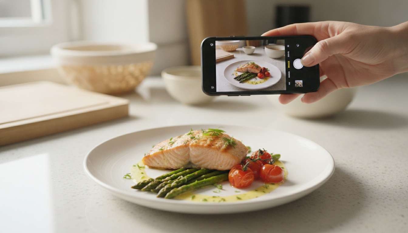 A hand holding a smartphone above a plate of food on a kitchen counter, photographing the meal in soft daylight