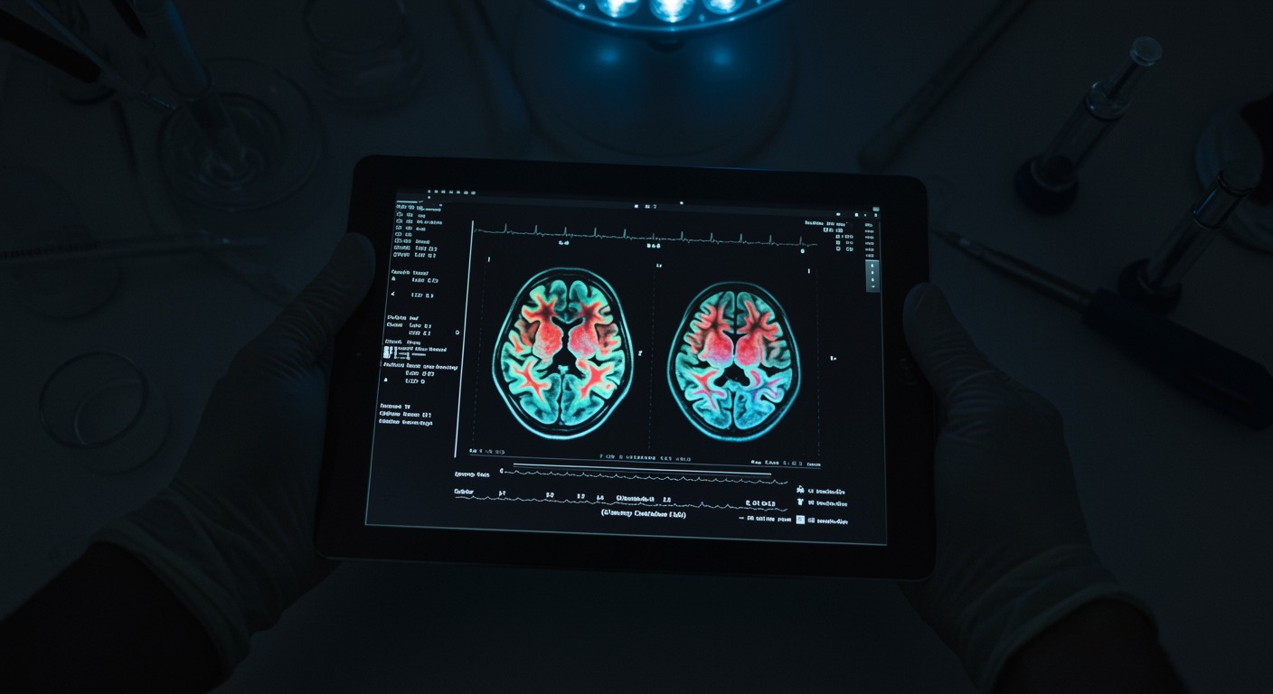Top-down view of a colorful brain scan image displayed on a tablet screen in a dimly lit lab