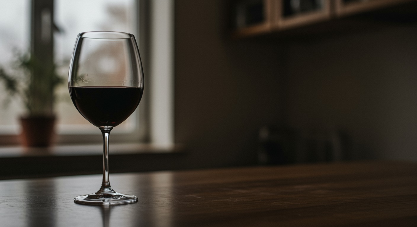 A single glass of red wine on a wooden kitchen table in soft natural light, with a quiet home background