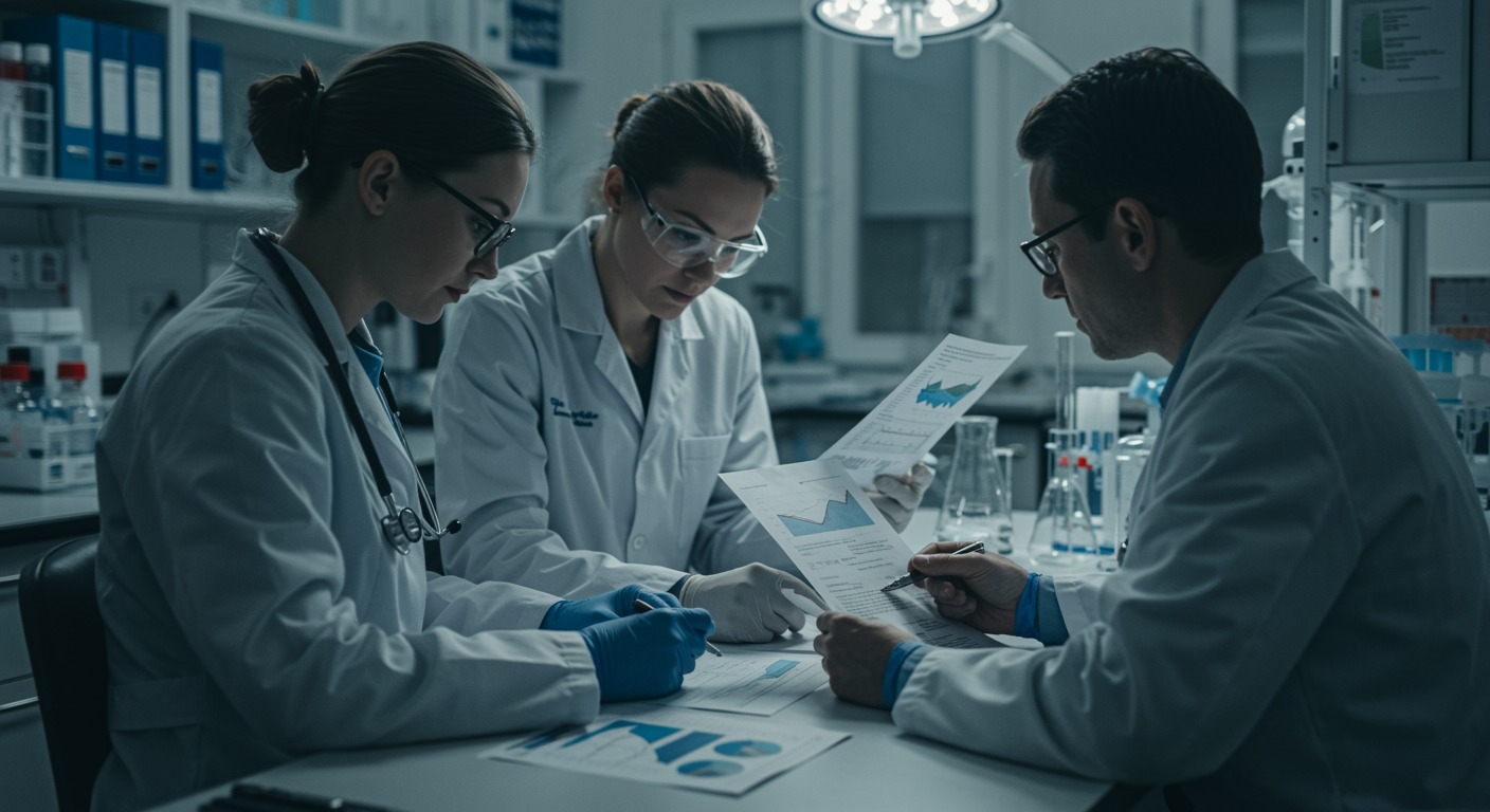 Medical researchers reviewing clinical study data and charts in a bright modern laboratory with soft natural light