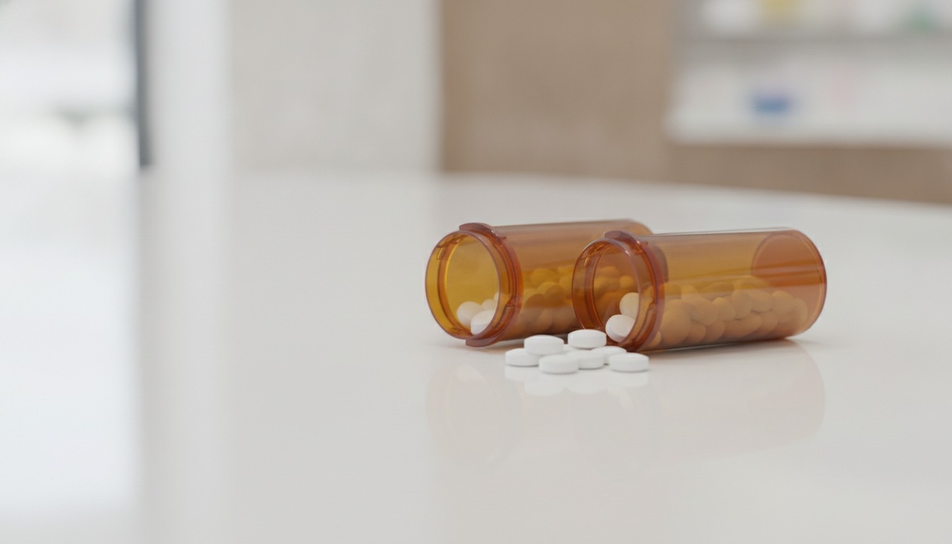 Close-up of two amber prescription pill bottles and loose white tablets on a clean pharmacy counter with soft natural light