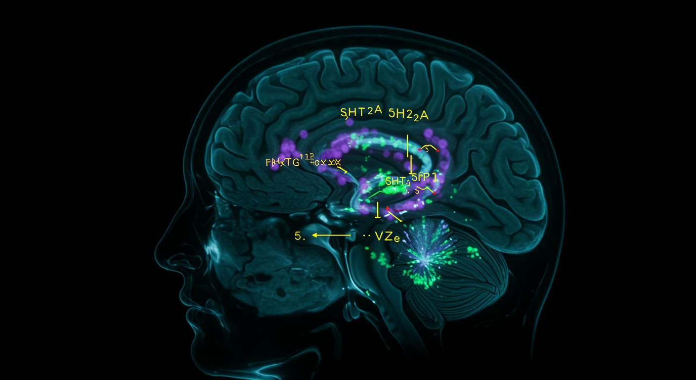 Brain imaging showing anterior cingulate cortex with 5HT2A receptor activation patterns and neurotransmitter pathways on neuroscience workstation