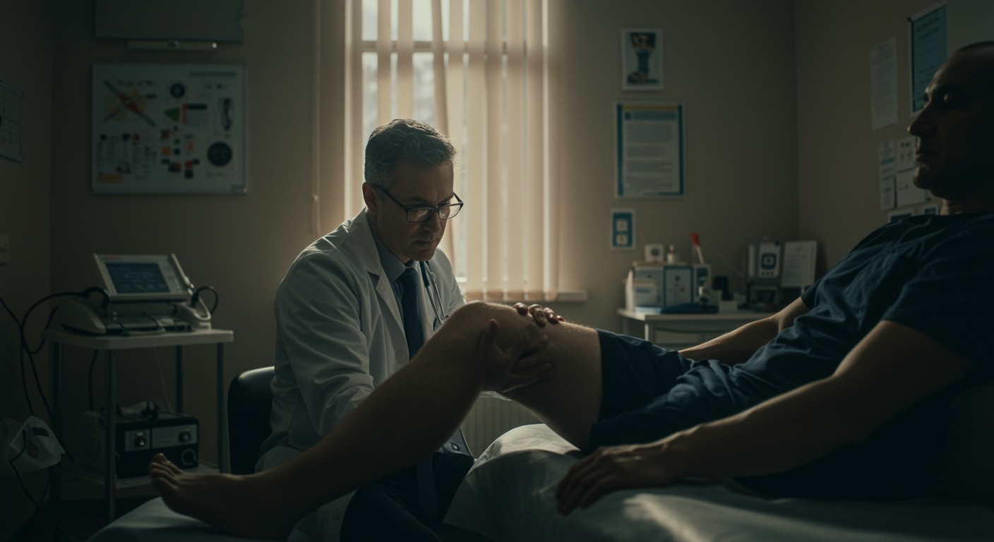 Doctor examining a patient's knee in a quiet exam room with soft natural light and neutral tones