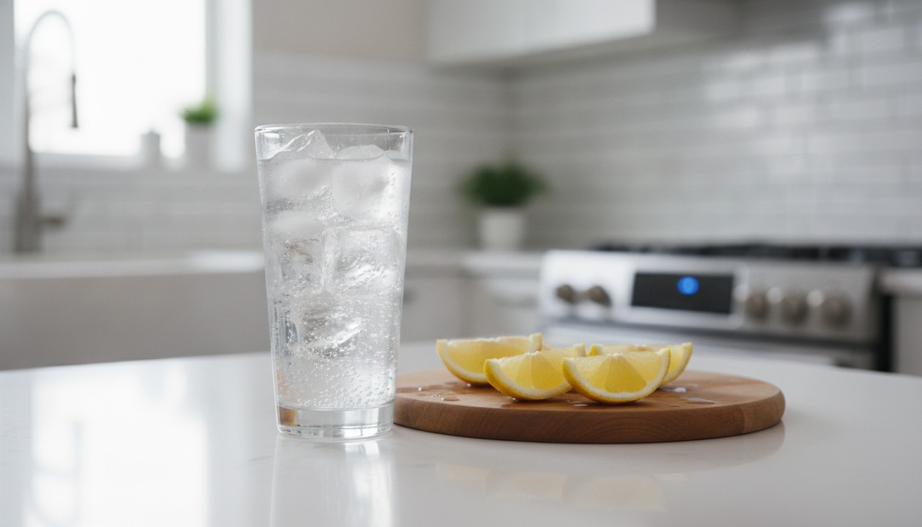 A glass of clear sparkling diet soda with ice on a bright kitchen counter next to fresh lemon slices
