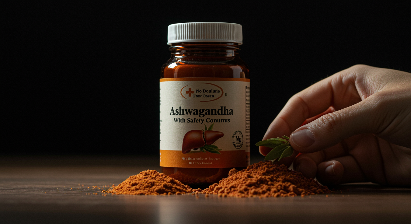Photorealistic medical case study visualization showing ashwagandha supplement with liver safety concerns, soft medical warning lighting, no text