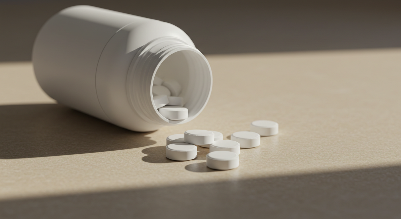 A bottle of aspirin pills spilling onto a table, representing heart health prevention.