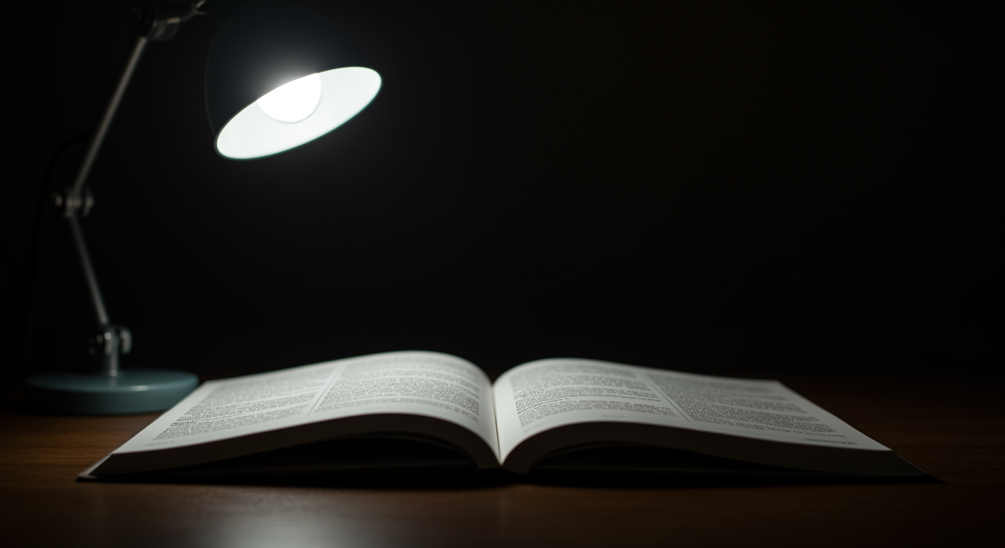 Medical research journal open on desk with soft reading light