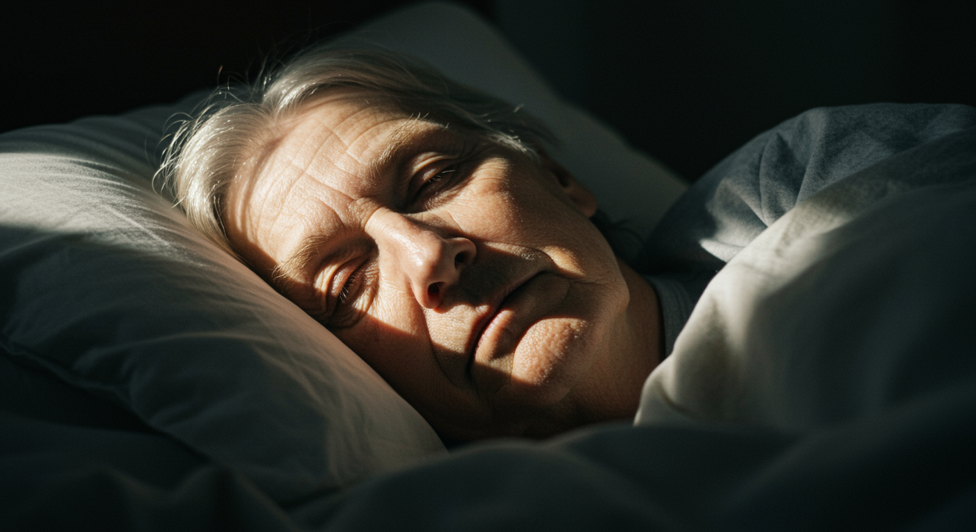 Photorealistic close-up of an elderly person sleeping peacefully in bed with soft morning light, showing serene facial expression, natural lighting, no text