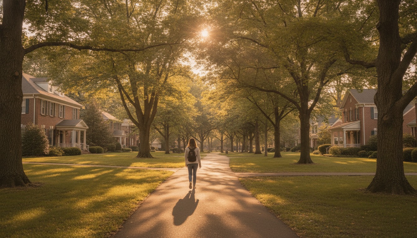 Person walking on a tree-lined neighborhood path on a sunny afternoon with warm golden light filtering through leaves
