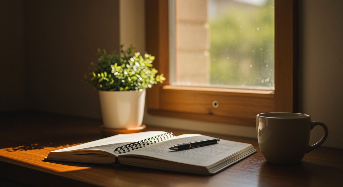 Open notebook and a cup of coffee on a wooden desk by a window with warm soft morning light and a small potted plant