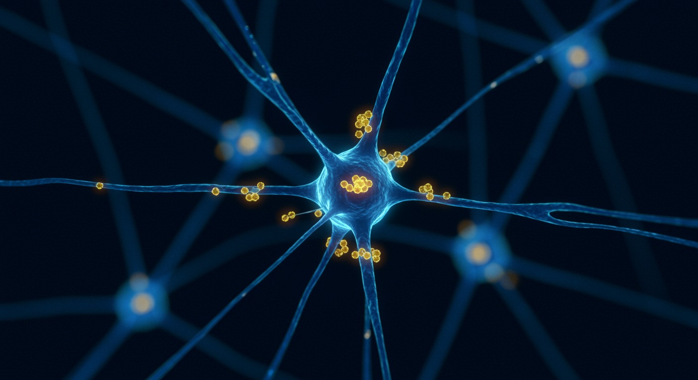 Microscopic view of brain neurons with growth factors highlighted in soft blue lighting