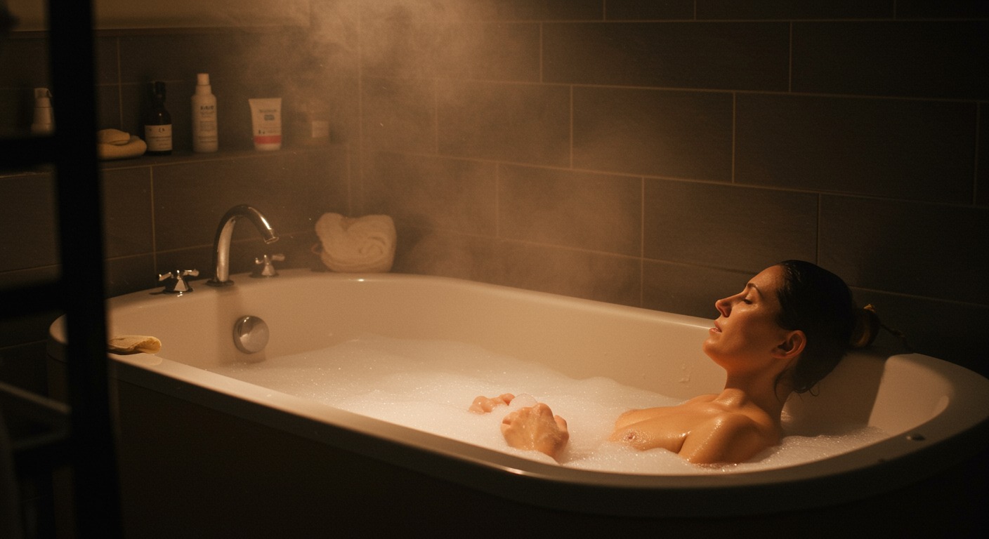 Photorealistic warm bath scene with steam and relaxing ambiance, showing the sleep-promoting effects of passive body heating, soft bathroom lighting, no text