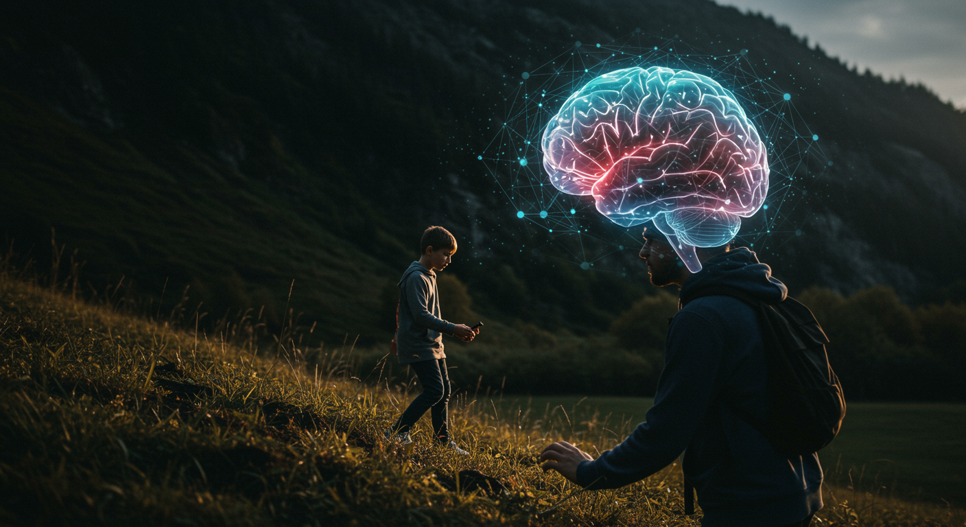 Person engaging in outdoor activity with brain network overlay showing neural connections