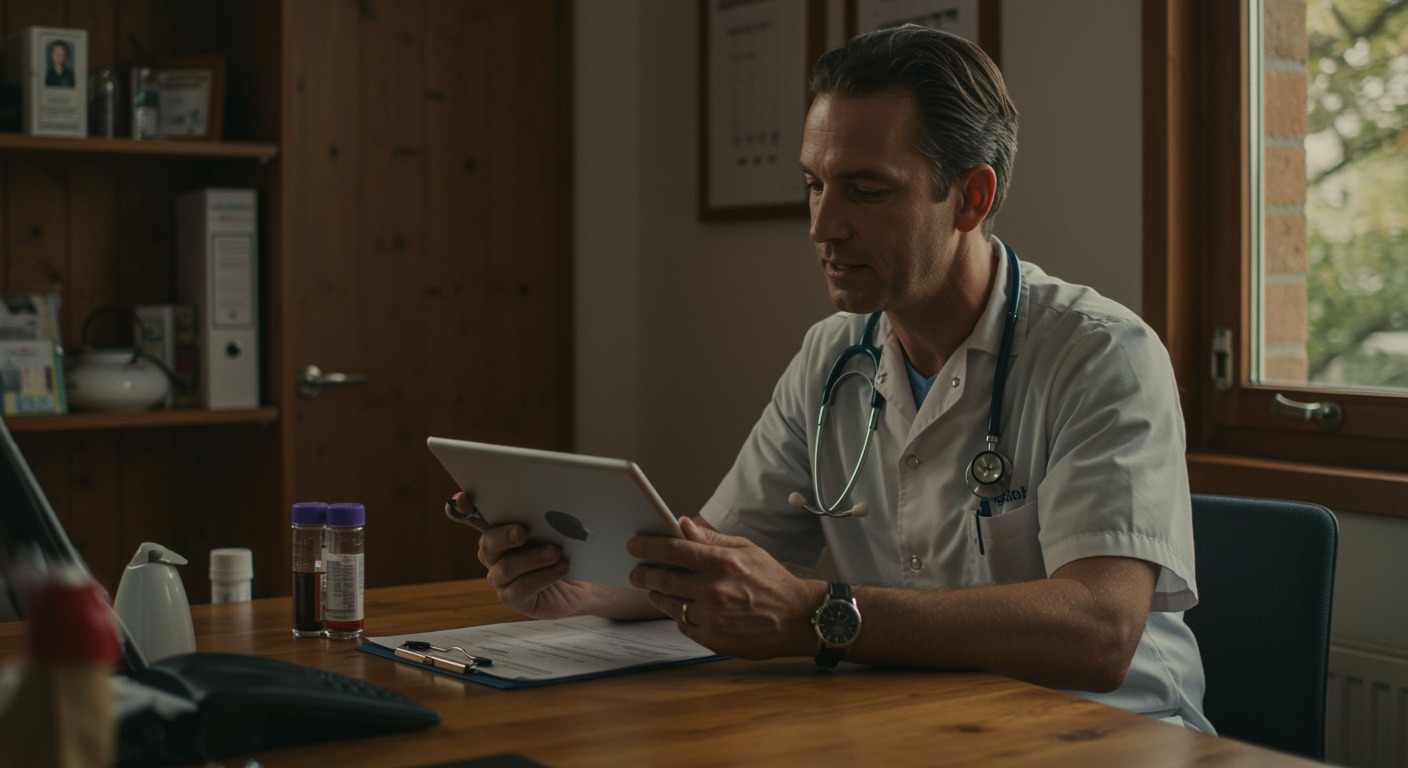 A doctor reviewing a patient's blood test results on a tablet in a warm, sunlit clinic office, with blood sample vials on the desk