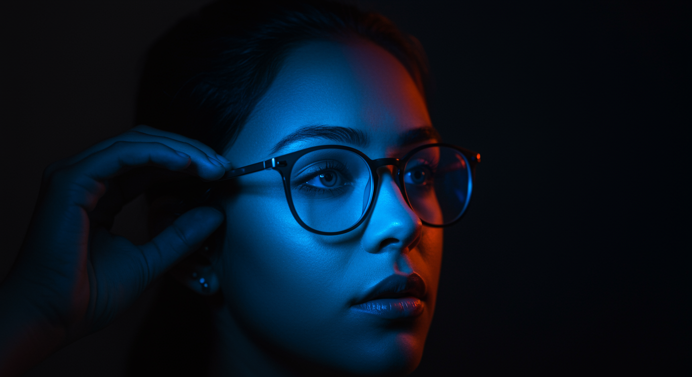 Photorealistic blue light filtering glasses with screen light visualization, showing protective effects on eyes and sleep, soft optical lighting, no text