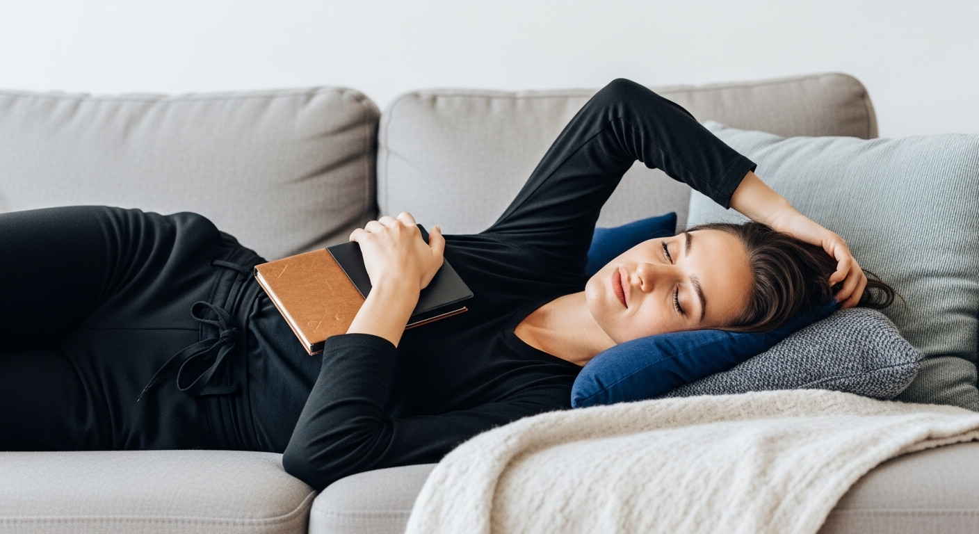 Person lying down on a comfortable couch after eating a meal