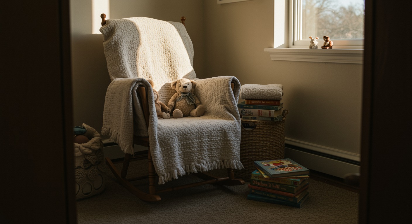 Cozy nursery corner with a rocking chair, soft blankets, and a stack of storybooks in warm afternoon light