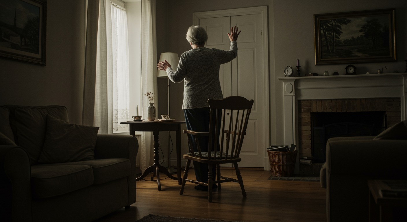 An older woman rising from a sturdy wooden chair in a bright living room with soft natural light