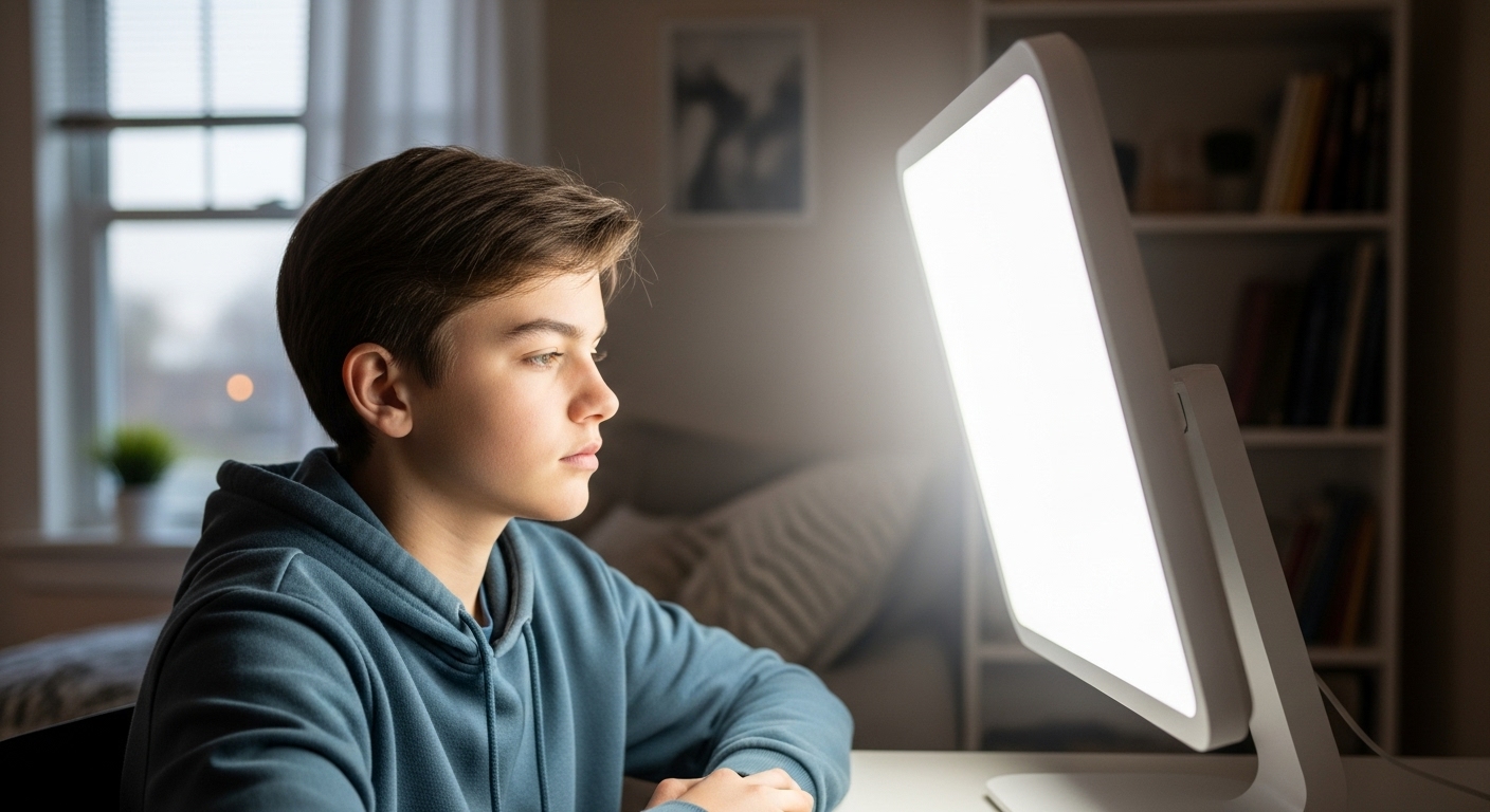 Adolescent receiving bright light therapy in hospital setting with specialized light box and clinical monitoring equipment