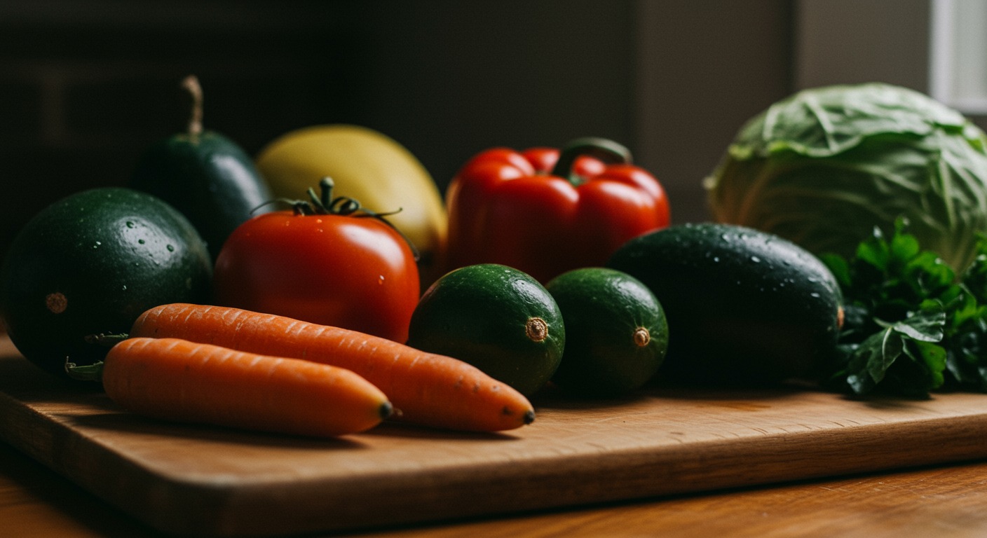 Close-up of fresh seasonal produce arranged on a warm wooden cutting board with soft natural light from a side window