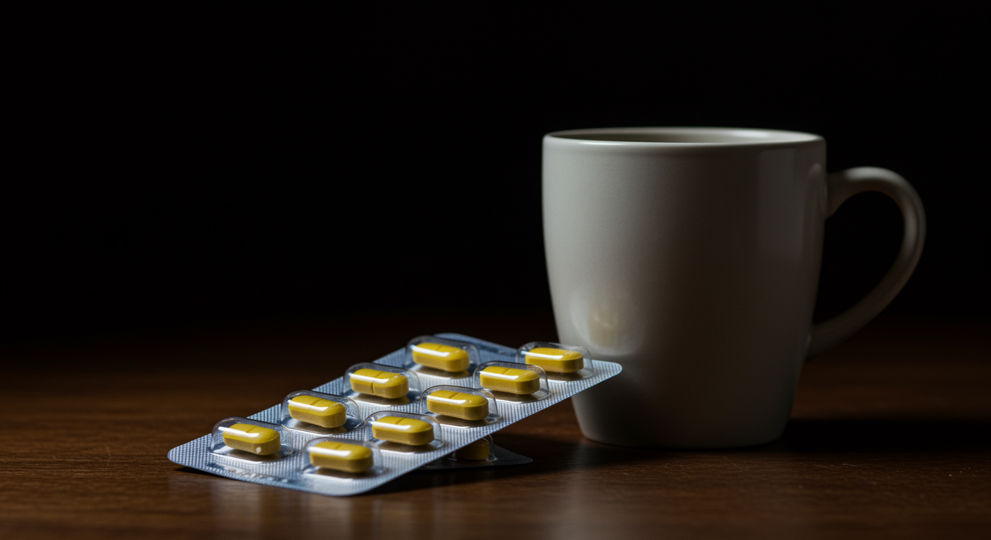 Pill blister pack next to a coffee cup