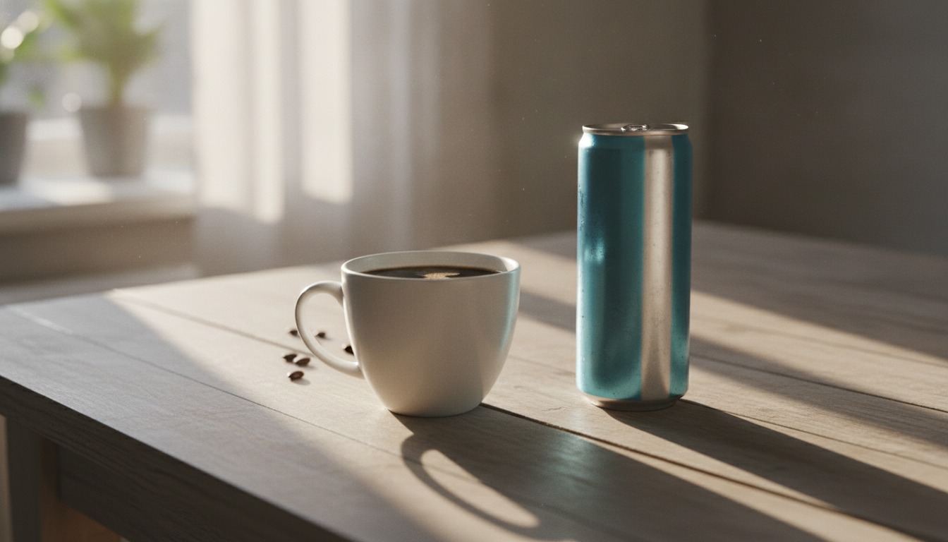 Close-up of a white ceramic mug of black coffee on a wooden kitchen table beside a small can of energy drink in soft morning light