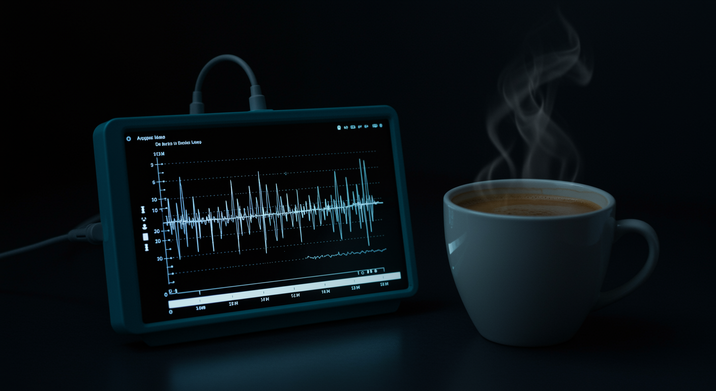 Photorealistic EEG readout showing reduced delta wave patterns with coffee cup nearby, demonstrating caffeine's impact on deep sleep, soft medical lighting, no text